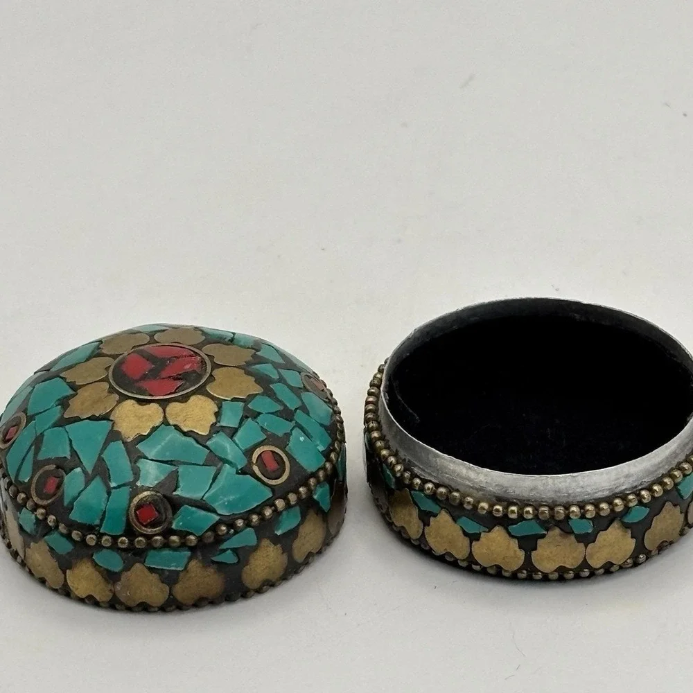 Vintage Trinket Box Turquoise Coral - Tibetan Style Brass Filagree‎ Hand Crafted